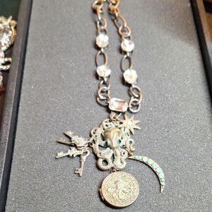 Brass Octopus Charm Necklace with Turquoise Accents